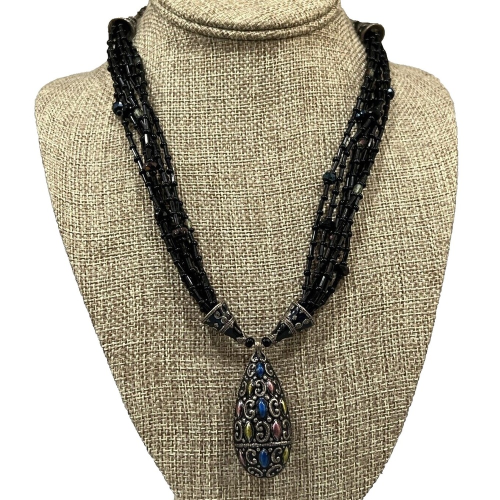 Vintage Chicos Necklace Enamel Black Glass Beads Puffy Pendant Boho Gypsy Lady